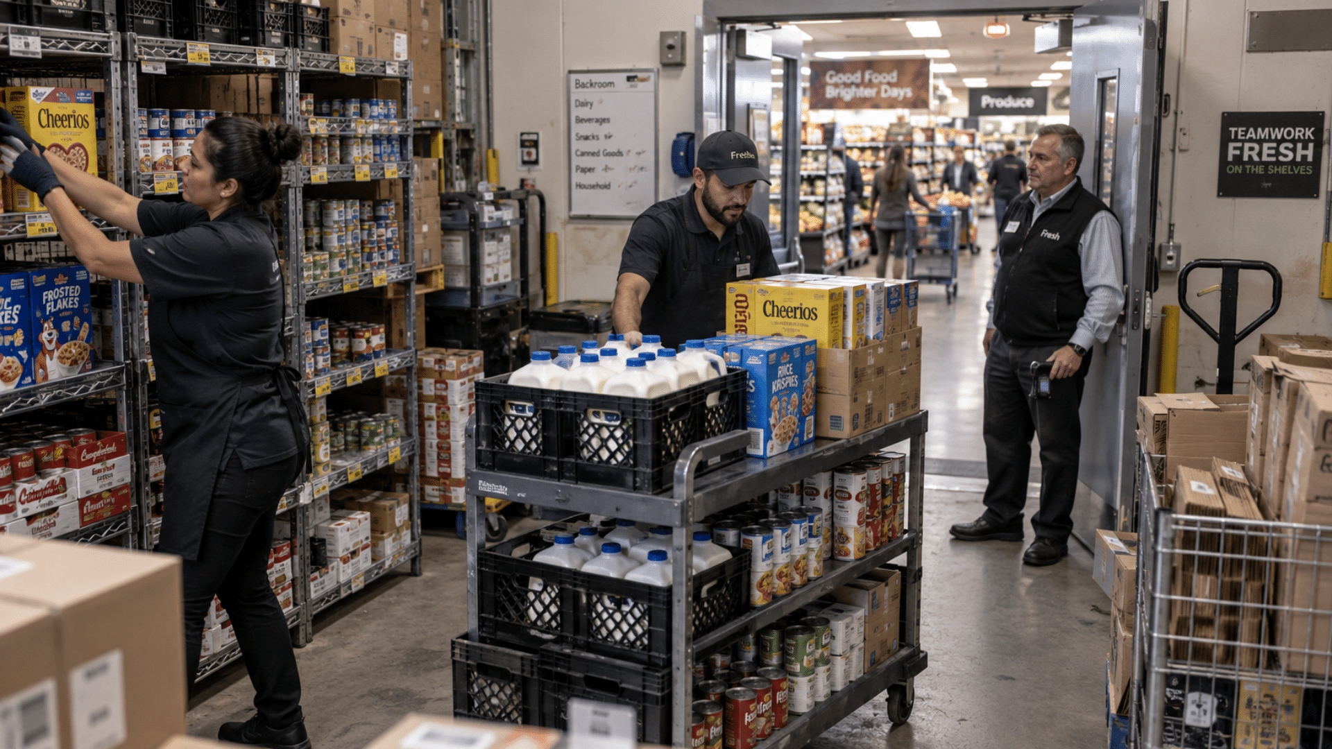 Grocery store workers organizing inventory and pushing stock carts in a store stockroom.