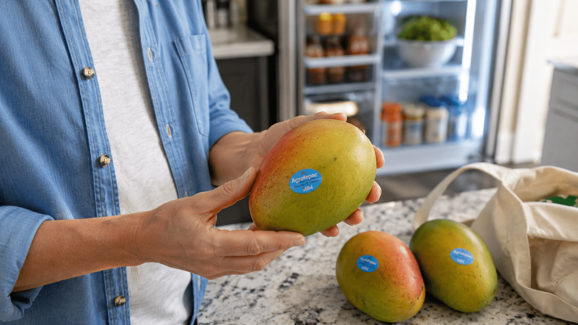 A person holding an Agrofepac mango with a blue PLU sticker in a kitchen.
