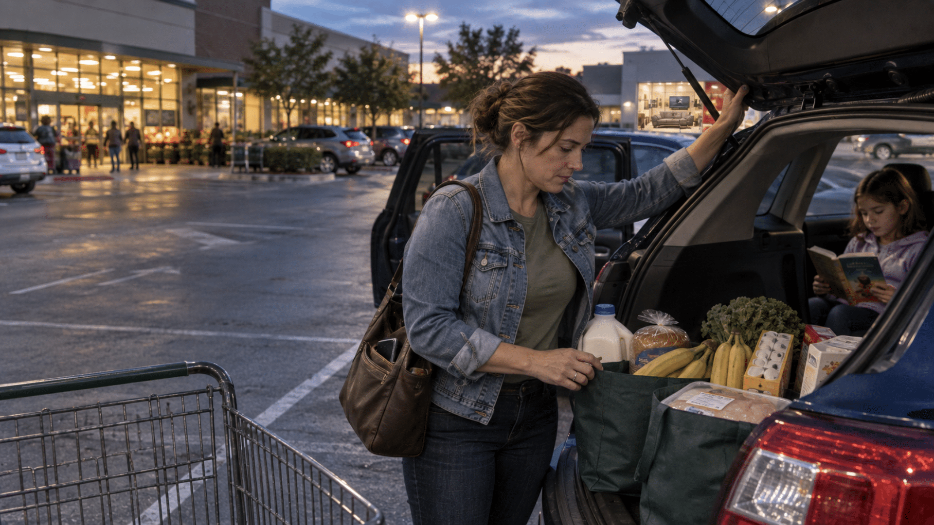 A woman packing groceries into the trunk of her car while a child sits inside reading a book.