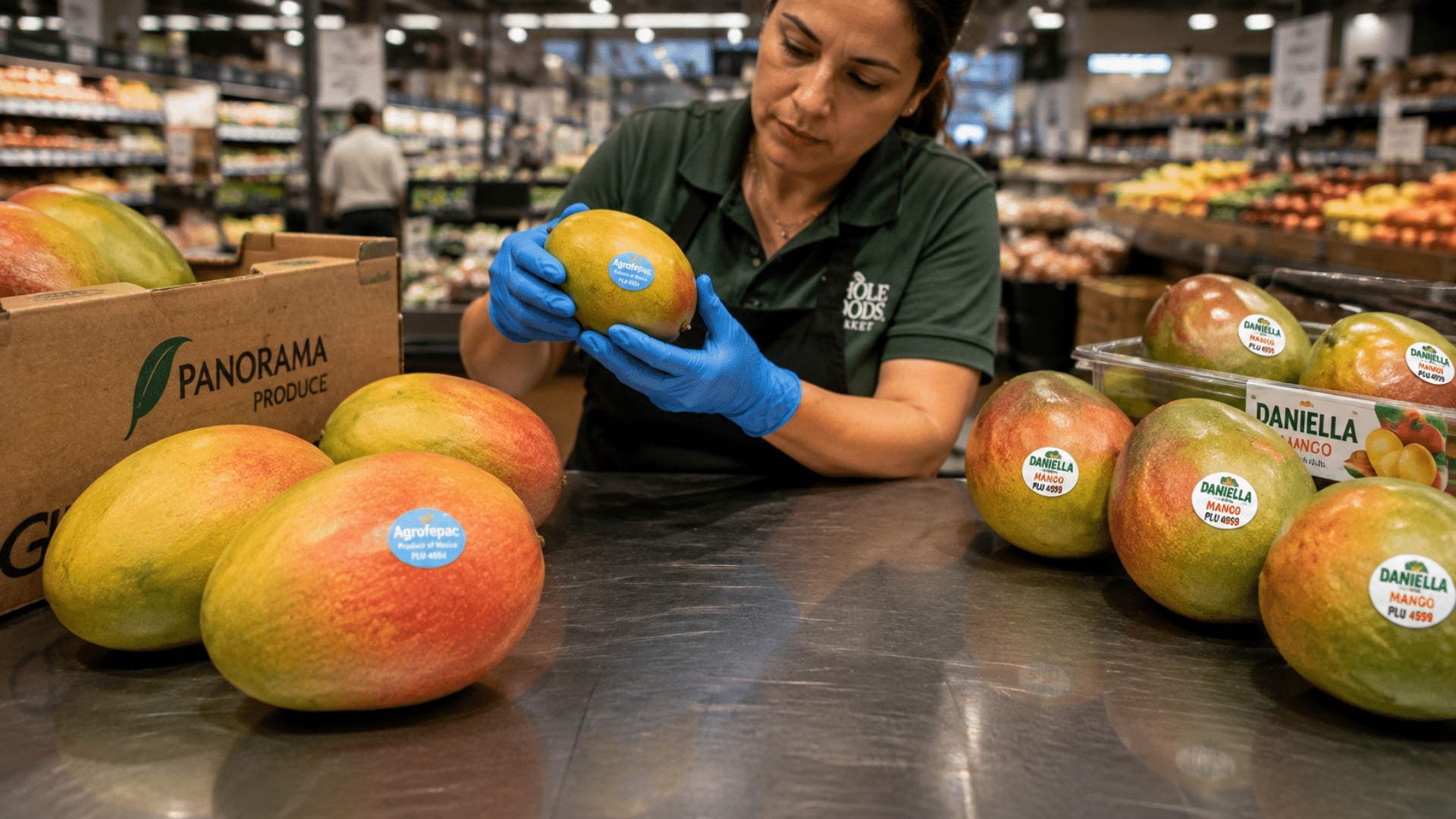 A grocery worker inspecting fresh Agrofepac and Daniella mangoes at a store display.