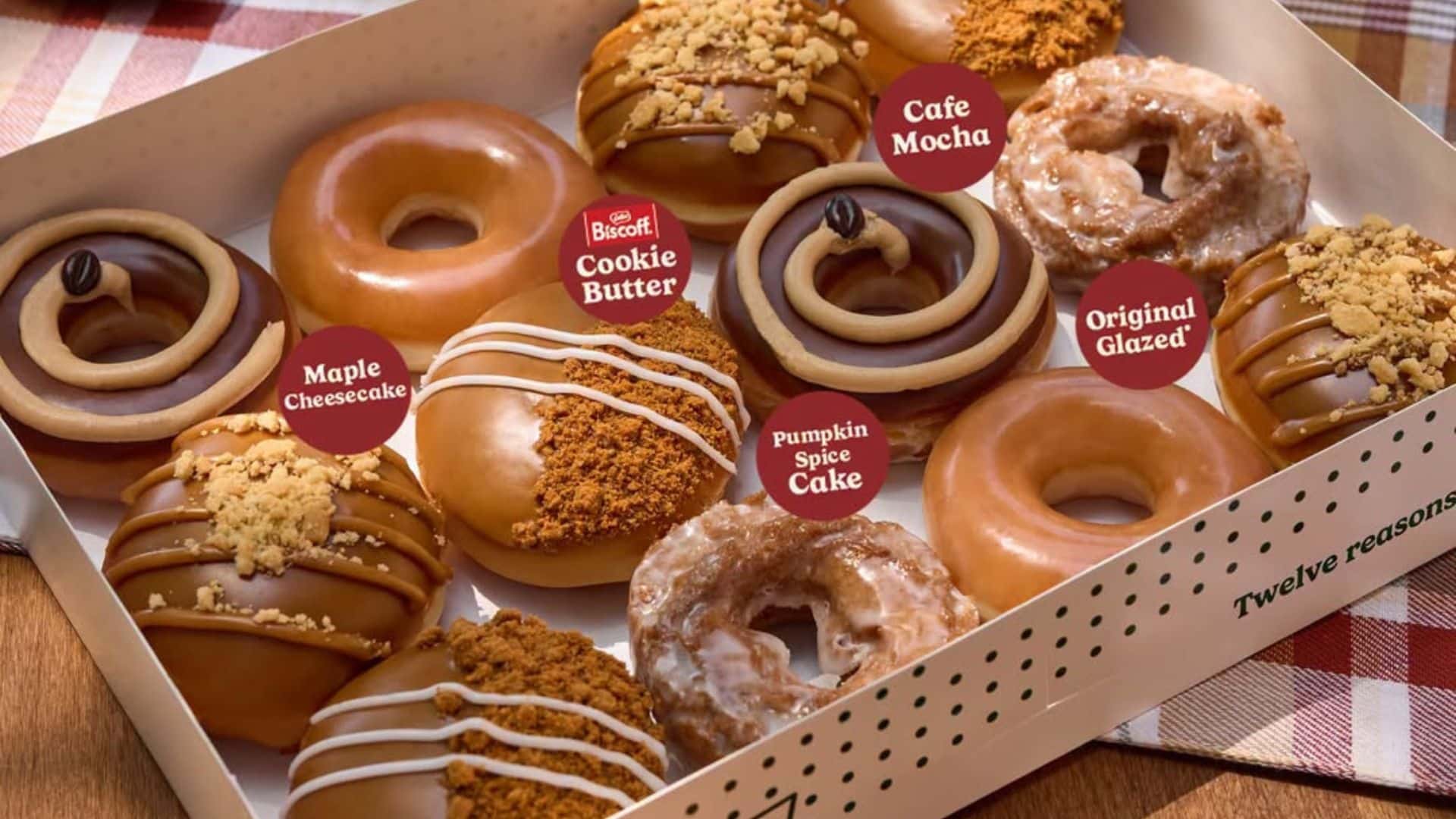 A box of Krispy Kreme fall doughnuts featuring Maple Cheesecake, Cafe Mocha, Biscoff Cookie Butter, Pumpkin Spice Cake, and Original Glazed varieties.
