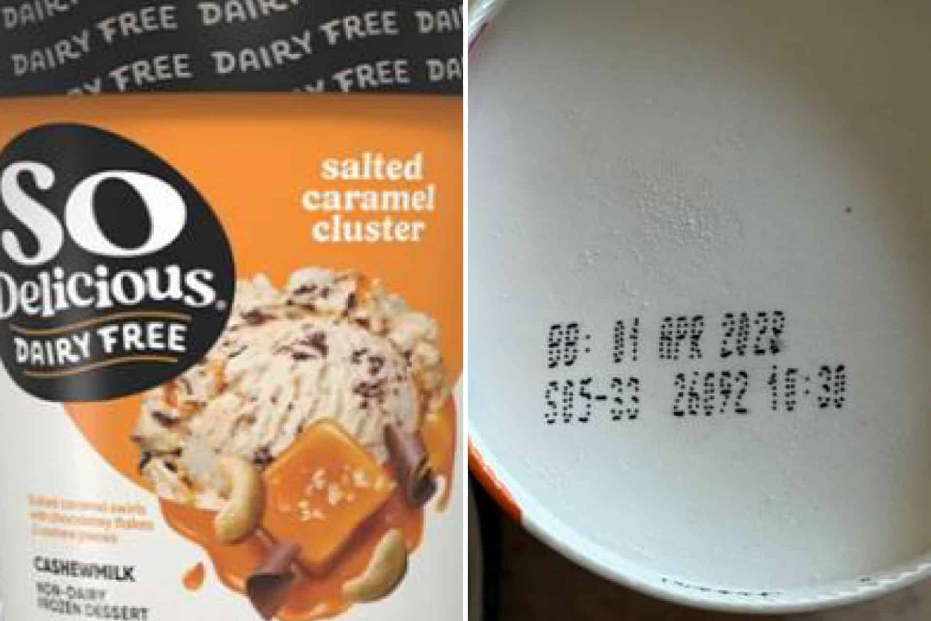 Recalled So Delicious Dairy Free Salted Caramel Cluster frozen dessert with the affected best-by date shown on the container.