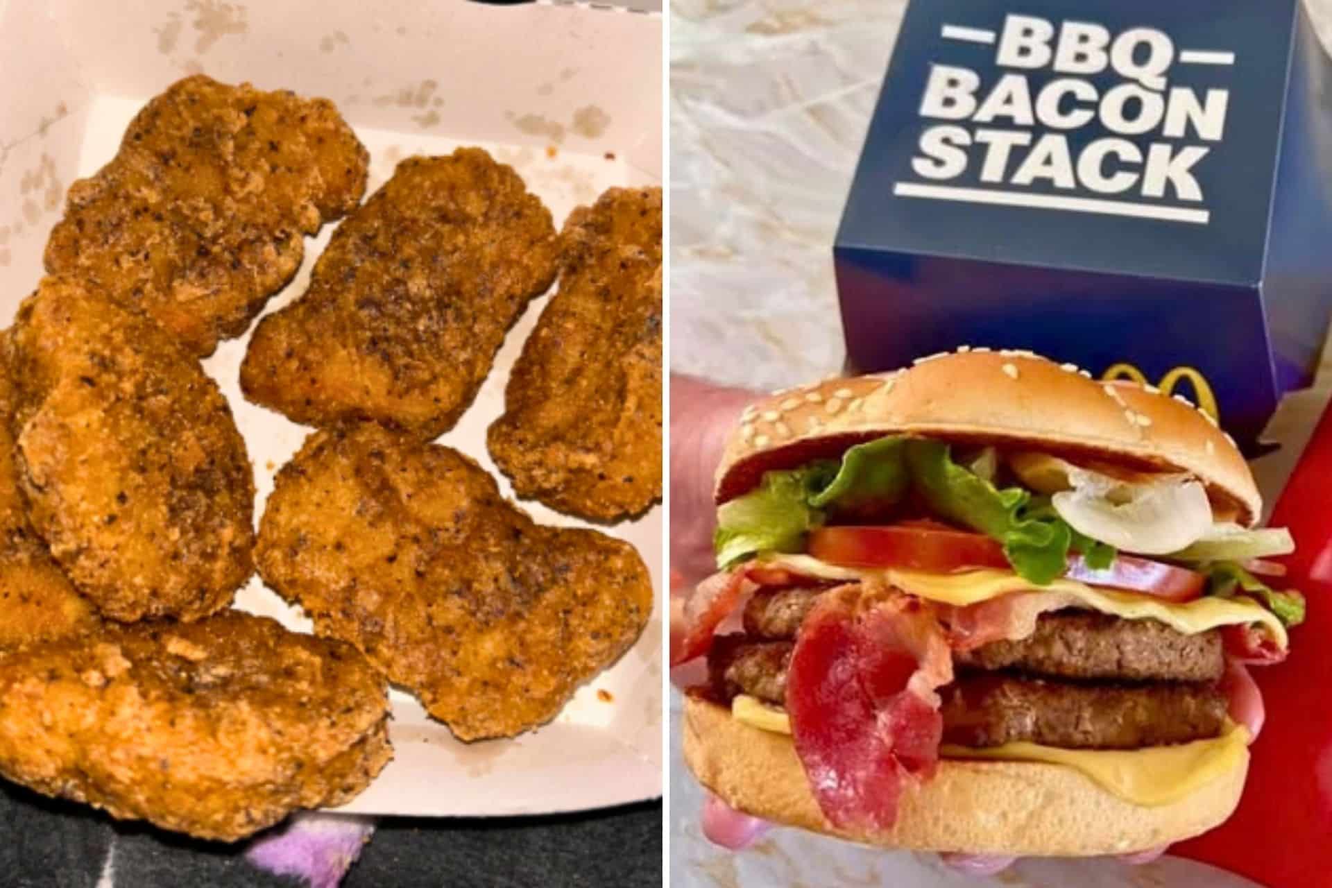 Spicy Garlic Black Pepper McNuggets alongside a McDonald’s Bacon BBQ Stack burger.