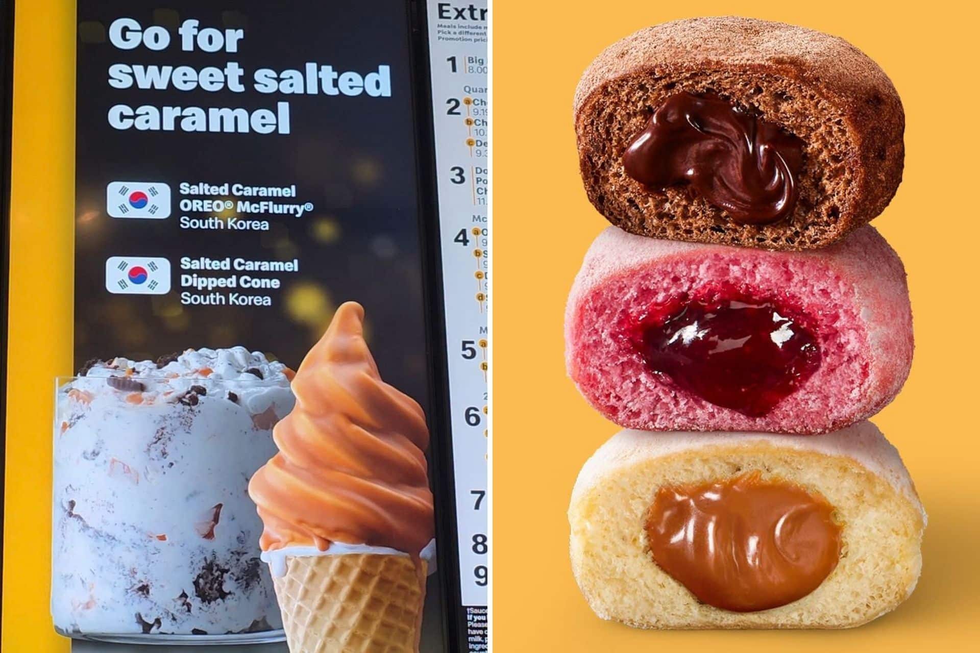 McDonald’s Global Favorites display featuring South Korean salted caramel desserts alongside filled McPops.