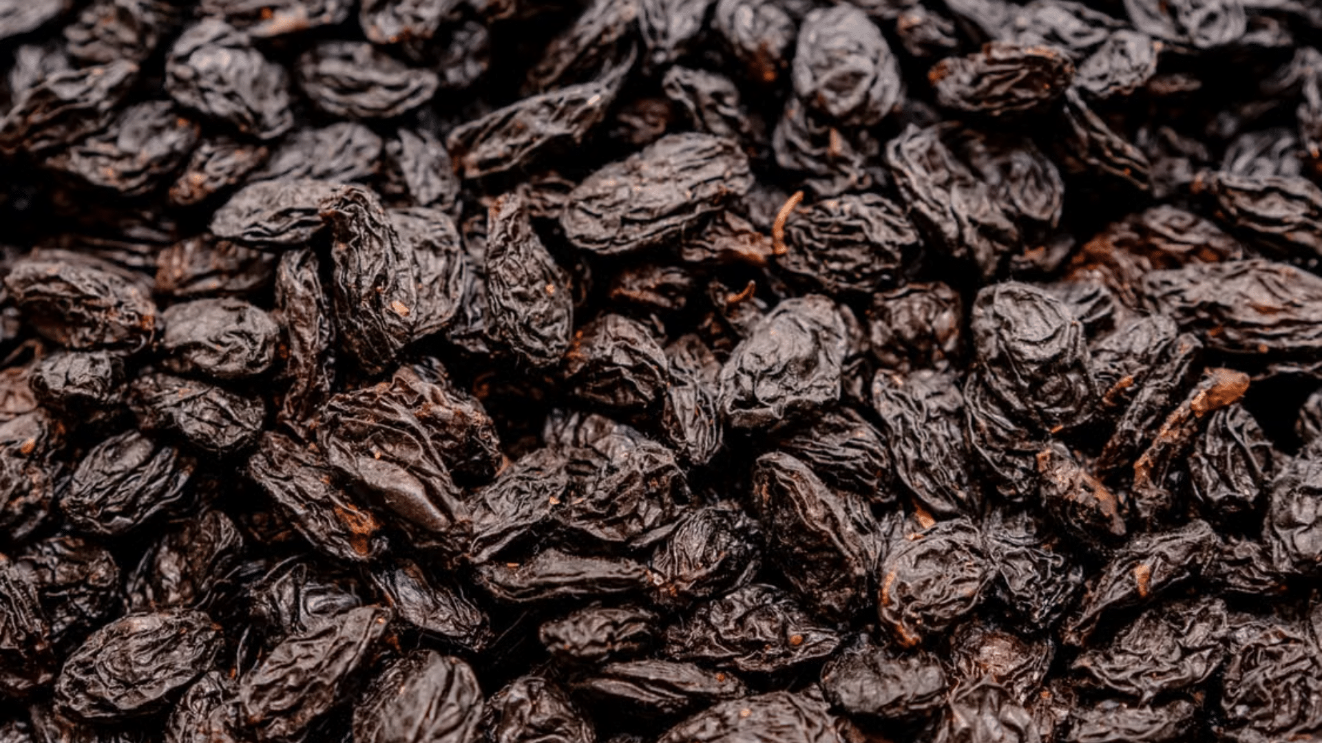 A close-up view shows a dense layer of dark, wrinkled raisins.