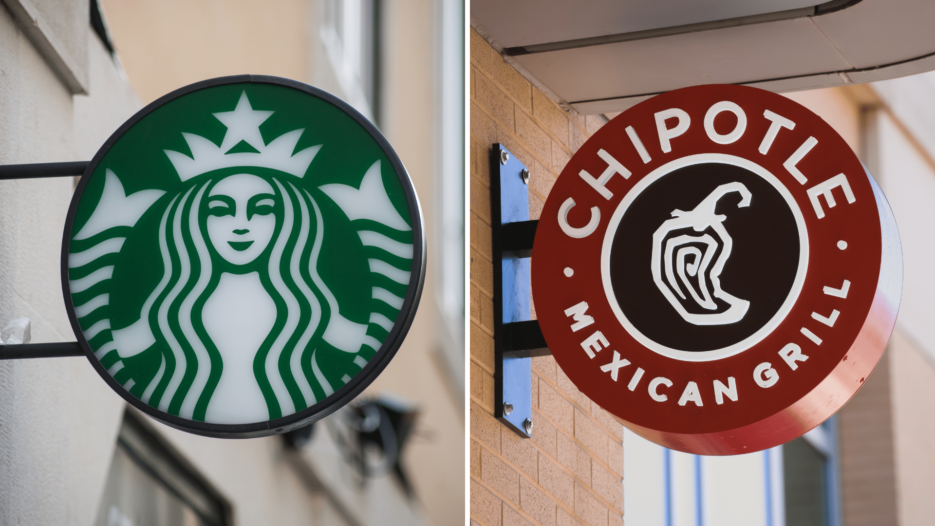 Side-by-side outdoor logos for Starbucks and Chipotle Mexican Grill.