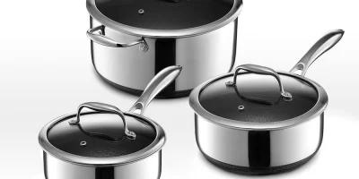 HexClad Hybrid Nonstick 6-Piece Pot Set, 2, 3, and 8-Quart Pots with  Tempered Glass Lids, Stay-Cool Handles, Dishwasher Safe, Compatible with  All